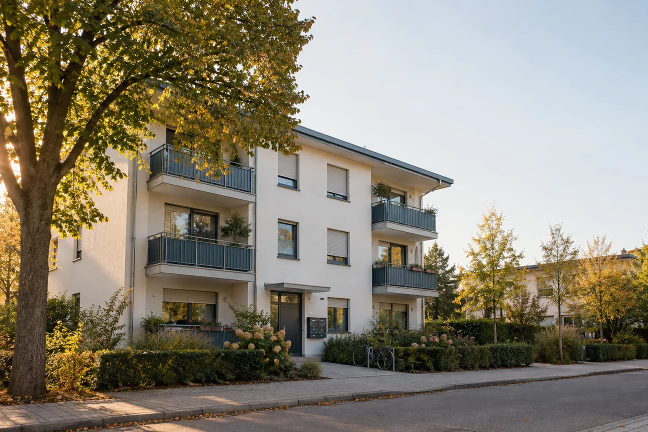 Dreigeschossige Wohnanlage mit hell verputzter Fassade, Balkonen und einer Linde im herbstlichen Nachmittagslicht.