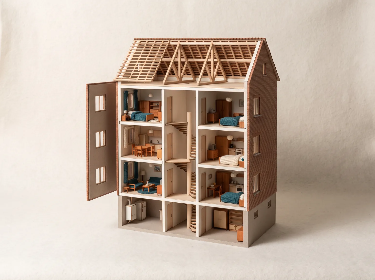 Architektonisches Schnittmodell eines dreigeschossigen Mehrfamilienhauses mit sichtbaren Wohnungen.